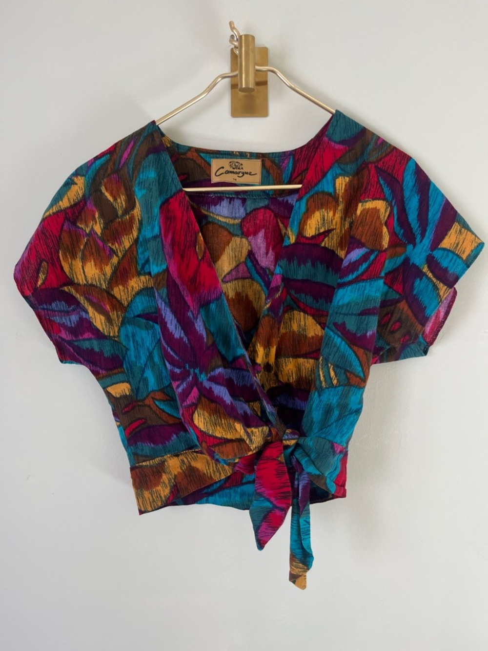 Camargue Multicolor retro floral Tie-Waist 100% cotton Crop top size 14